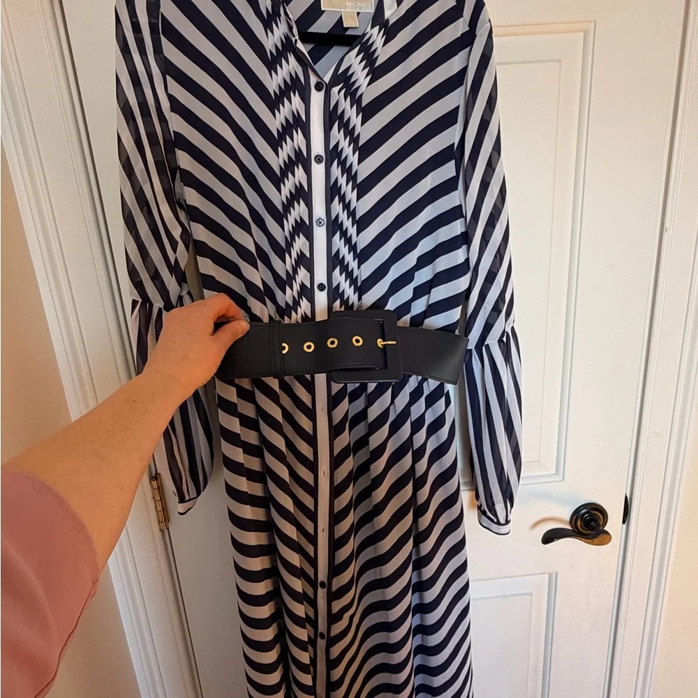 Michael Kors Navy and White Diagonal Striped Long Sleeve Midi Dress